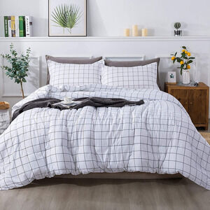 Andency White Grid Comforter Queen, 3 Pieces White Plaid‎ Comforter Set